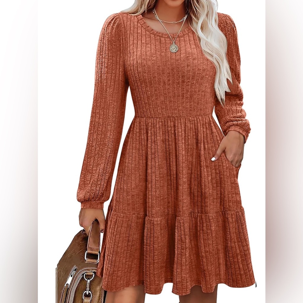NWT WNEEDU Midi Long Sleeve Dress in Rust (Orange)